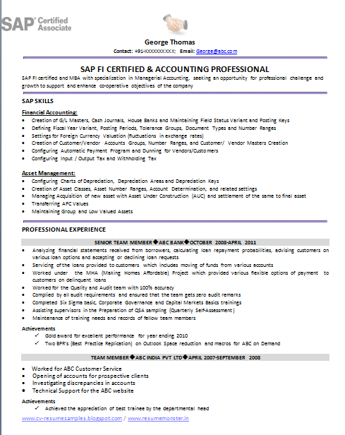 Sap abap 3 years experience resume format